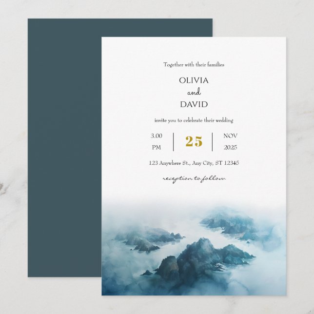 Invitation Dusty Blue Tropical Seaside Island Beach Mariage (Devant / Derrière)