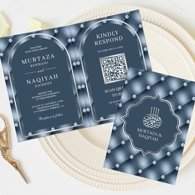 Invitation Dusty Blue Tufted Motif QR Code Musulman Mariage (Créateur téléchargé)