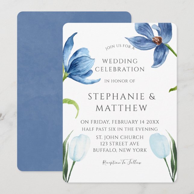 Invitation Dusty Blue Tulip Aquarelle Peony Mariage (Devant / Derrière)