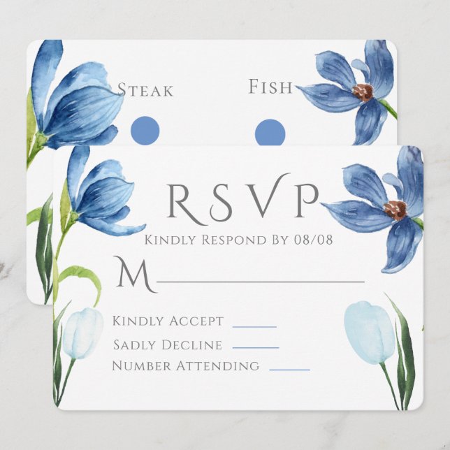 Invitation Dusty Blue Tulip Aquarelle Peony Mariage RSVP (Devant / Derrière)