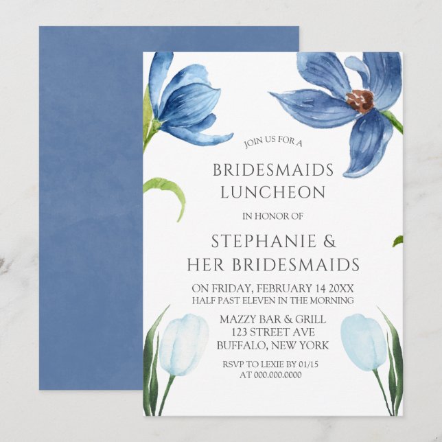 Invitation Dusty Blue Tulip Peony Bridesmaiers Déjeuner (Devant / Derrière)