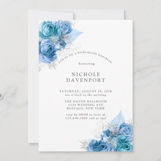 Invitation Dusty Blue Turquoise Silver Peony Bridesmaiers Déj (Devant)