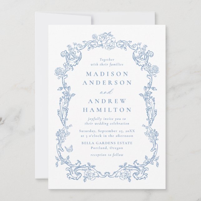 Invitation Dusty Blue Victorian Floral All in One Wedding (Devant)