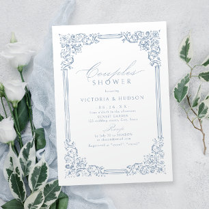Invitation Dusty Blue Vintage Frame Élégant Couples Douche