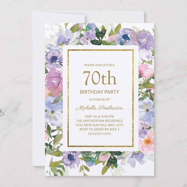 Invitation Dusty Blue violet or floral 70e anniversaire (Devant)