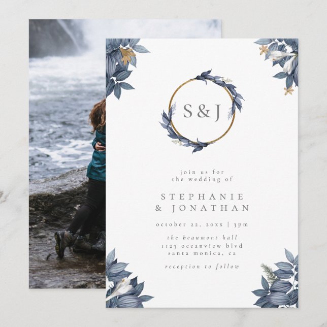 Invitation Dusty Blue Watercolor Feuilles Monogram Mariage (Devant / Derrière)