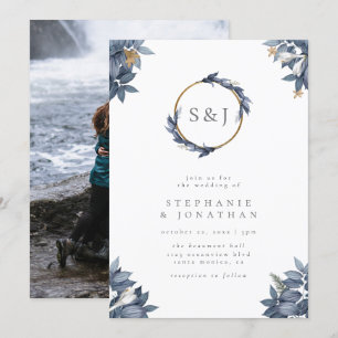 Invitation Dusty Blue Watercolor Feuilles Monogram Mariage