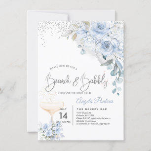 Invitation Dusty Blue Watercolor Roses Brunch Bubbly