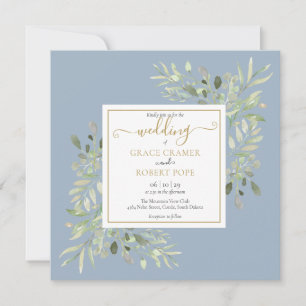 Invitation Dusty Blue Watercolor Verdure Mariage de script or