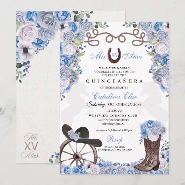 Invitation Dusty Blue Western Charra Ranchero Quinceanera (Devant / Derrière)