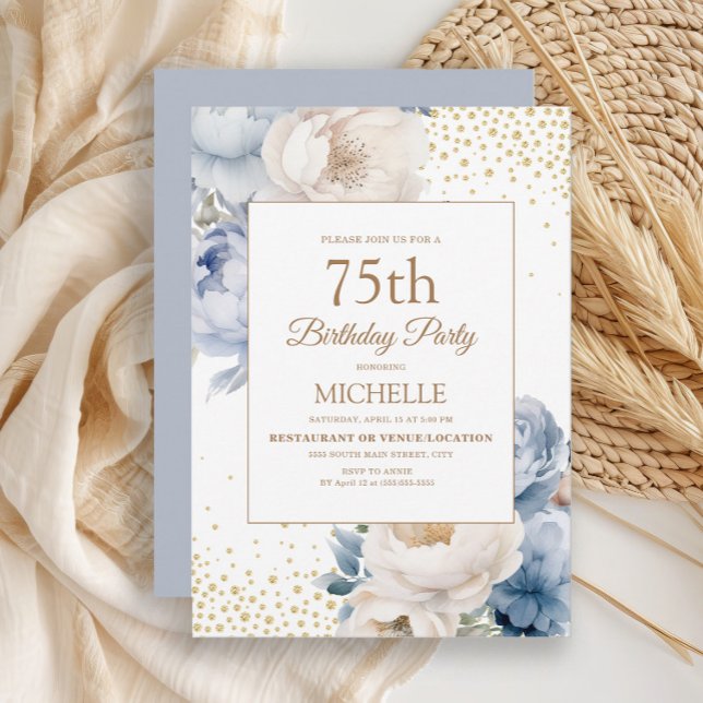 Invitation Dusty Blue White Floral Gold Parties scintillant 7 (Dusty blue and white watercolor floral 75th birthday party invitation)