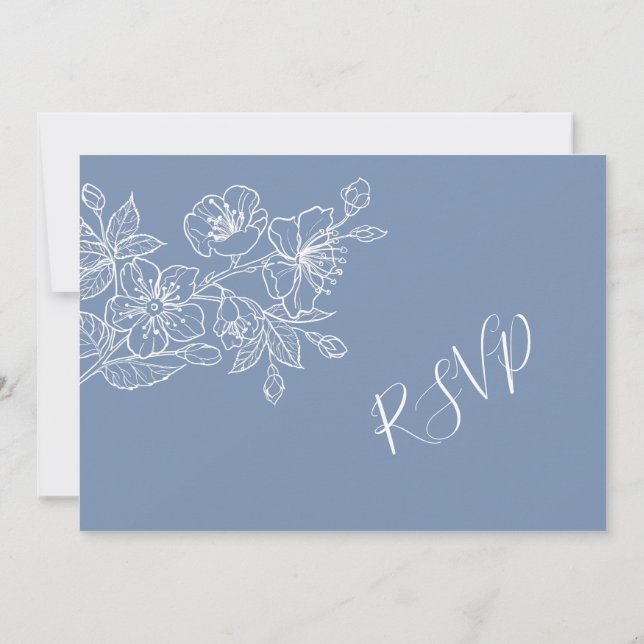 Invitation Dusty Blue White Floral Line Art RSVP (Dos)