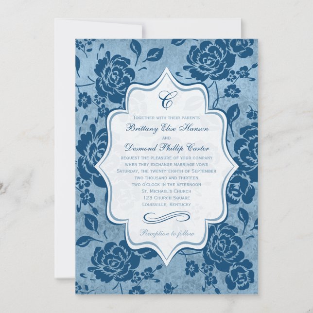 Invitation Dusty Blue, White Floral Mariage damassé Invitatio (Devant)