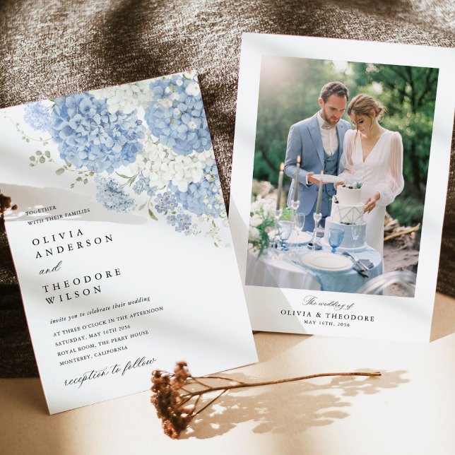 Invitation Dusty Blue White Floral Photo Elegant Wedding (Dusty blue white photo back wedding invitation, hydrangea florals, photo card, sunlit stationery)