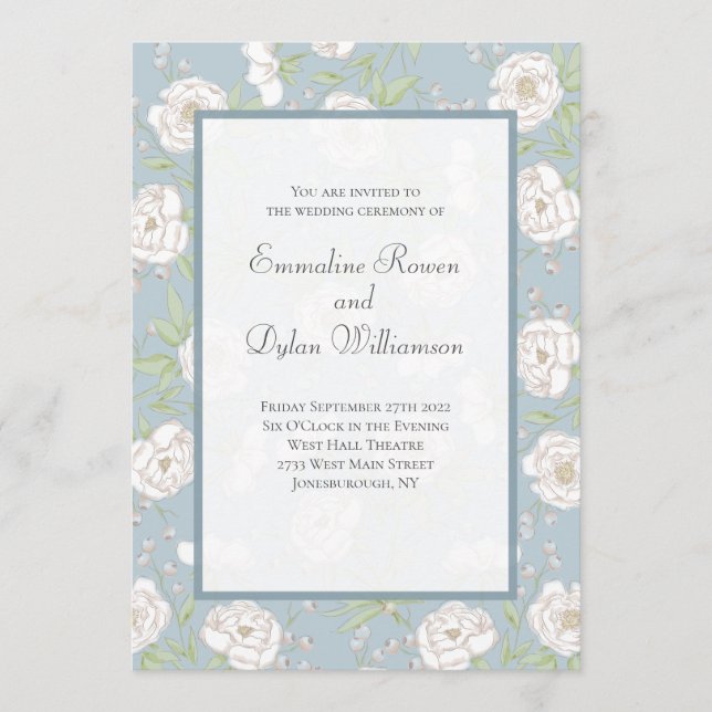 Invitation Dusty Blue White Rose Wedding (Devant)