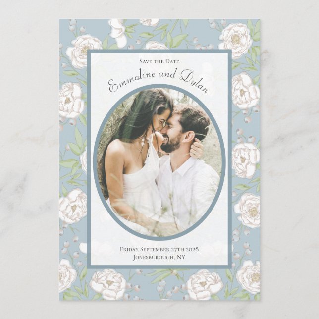 Invitation Dusty Blue White Rose Wedding Photo Save the Date (Devant)