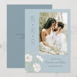 Invitation Dusty Blue White Rose Wedding Save the Date