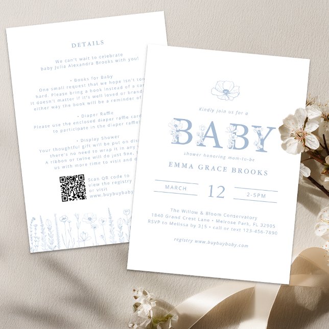 Invitation Dusty Blue Wildflower Baby Shower All-in-One (Dusty Blue Baby Shower Invite)
