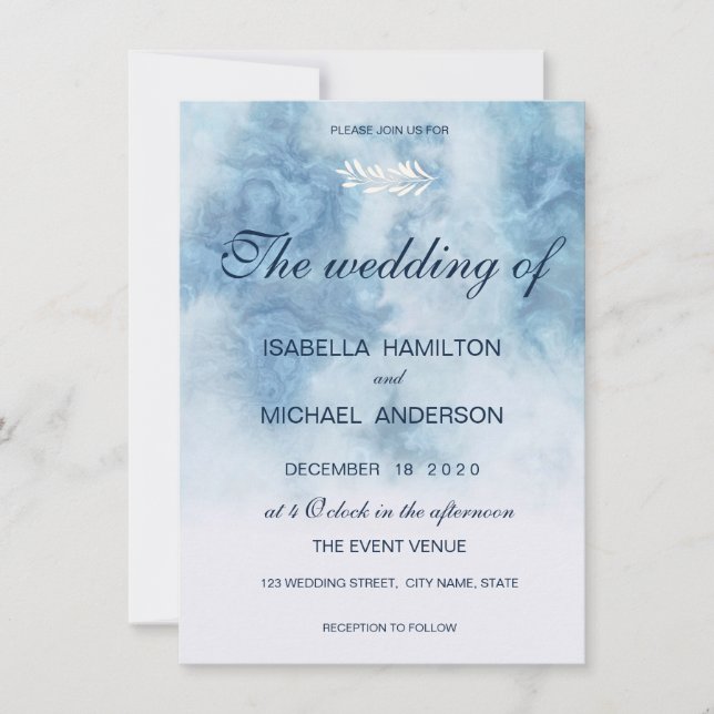 Invitation Dusty Blue Winter Script Calligraphie White Branch (Devant)