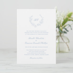 Invitation Dusty Blue Wreath Monogramme Mariage élégant