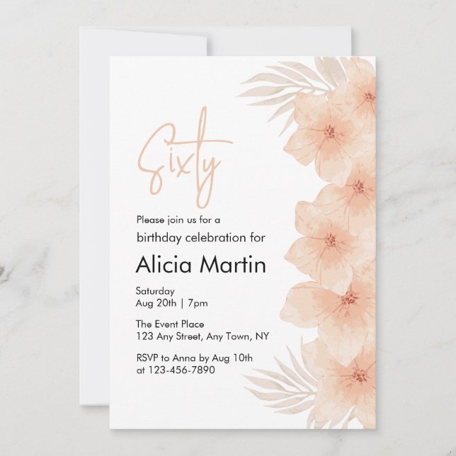 Invitation Dusty Blush Flower Brown Palm Leaf Anniversaire (Devant)