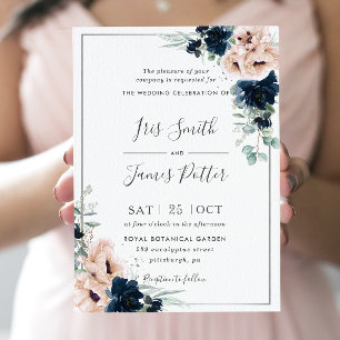 Invitation Dusty Blush Poppy Navy Floral Greenery Mariage