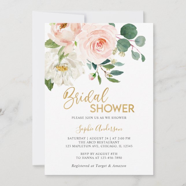 Invitation Dusty Blush rose or Fête des mariées florale (Devant)