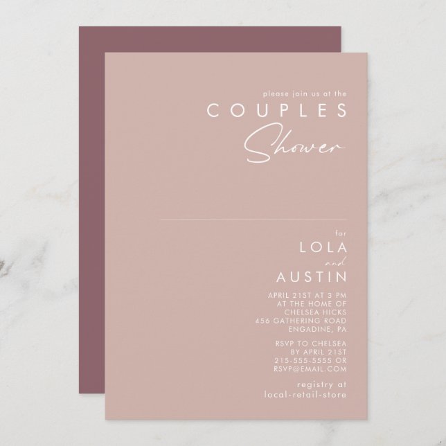 Invitation Dusty Boho | Douche Couples Roses et violets (Devant / Derrière)