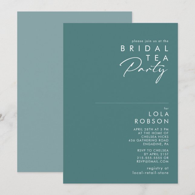Invitation Dusty Boho | Tea Party de mariage vert et bleu (Devant / Derrière)
