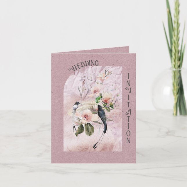 Invitation Dusty Bourgogne Magnolia Blossoms and Bird Mariage (Devant)