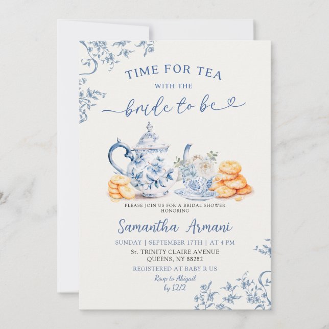 Invitation Dusty Bue Chinoiserie Fête des mariées Tea Party (Devant)
