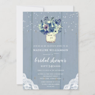 Invitation Dusty Country Blue Mason Jar Lace Fête des mariées