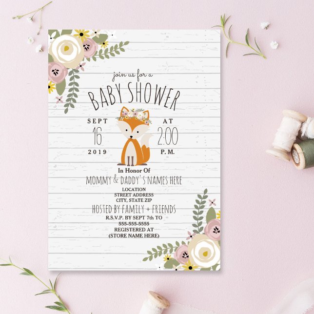 Invitation Dusty Floral Boho Fox Baby shower en bois gris (Créateur téléchargé)