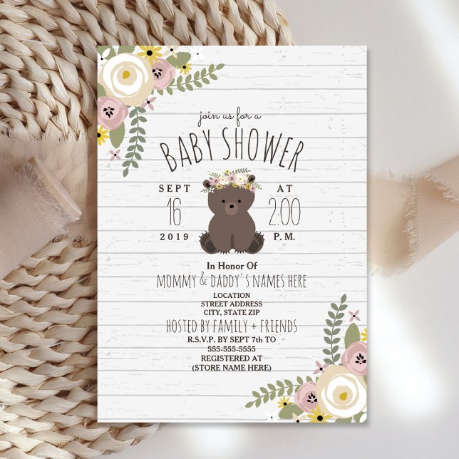 Invitation Dusty Floral Boho Ours Baby shower en bois gris (Créateur téléchargé)