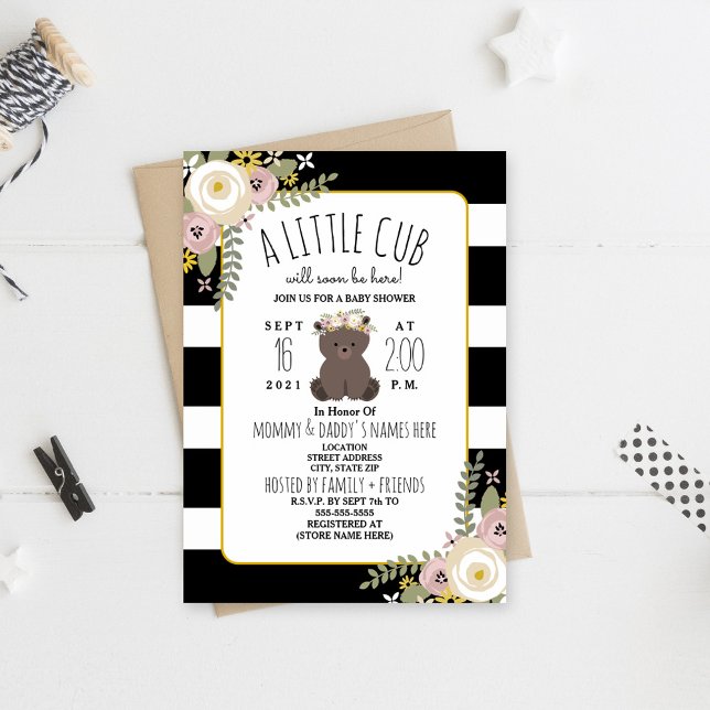 Invitation Dusty Floral Stripe Boho Bear Baby shower (Créateur téléchargé)