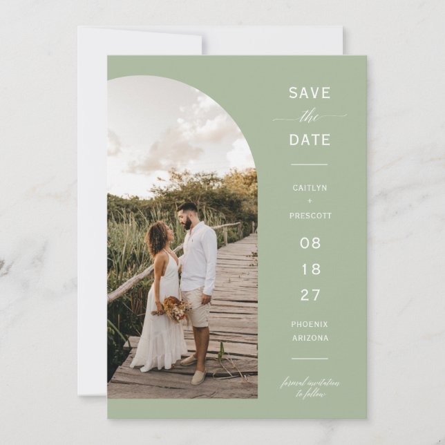 Invitation Dusty Green Boho Arch Photo QR Code Enregistrer la (Devant)