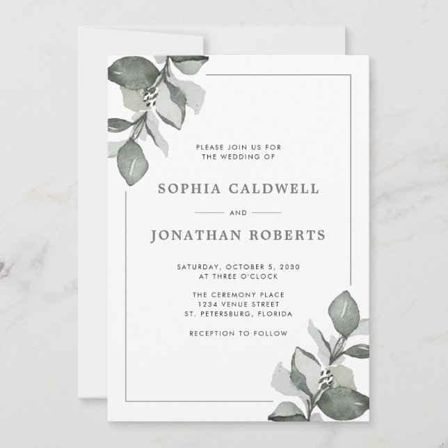 Invitation Dusty Green Eucalyptus tout en un mariage élégant (Devant)