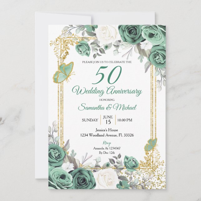 Invitation Dusty Green Floral Gold 50e anniversaire Mariage (Devant)