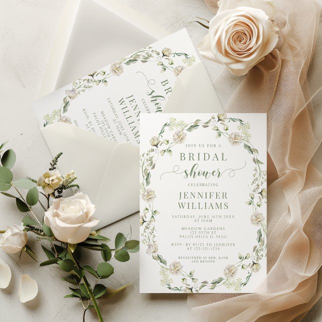 Invitation Dusty Green Greenery Floral Wreath Fête des mariée (Créateur téléchargé)