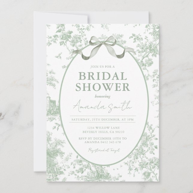 Invitation Dusty Green Sage Floral Toile Bridal Shower (Devant)