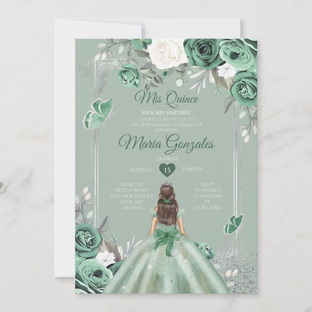Invitation Dusty Green Silver Mis Quince 15 Anos (Devant)