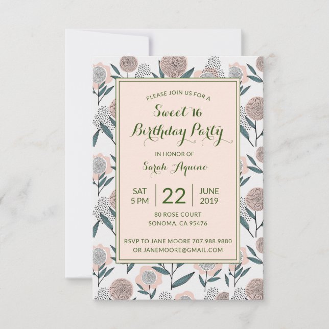 Invitation Dusty main Rose tiré Floral Sweet 16 Anniversaire (Devant)