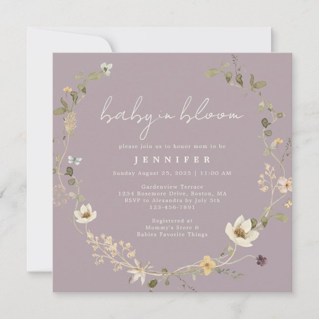 Invitation Dusty Mauve Fleur sauvage bébé dans le Baby shower (Devant)