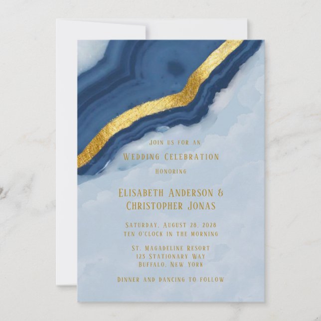 Invitation Dusty Navy Blue & Gold Agate Mariage (Devant)