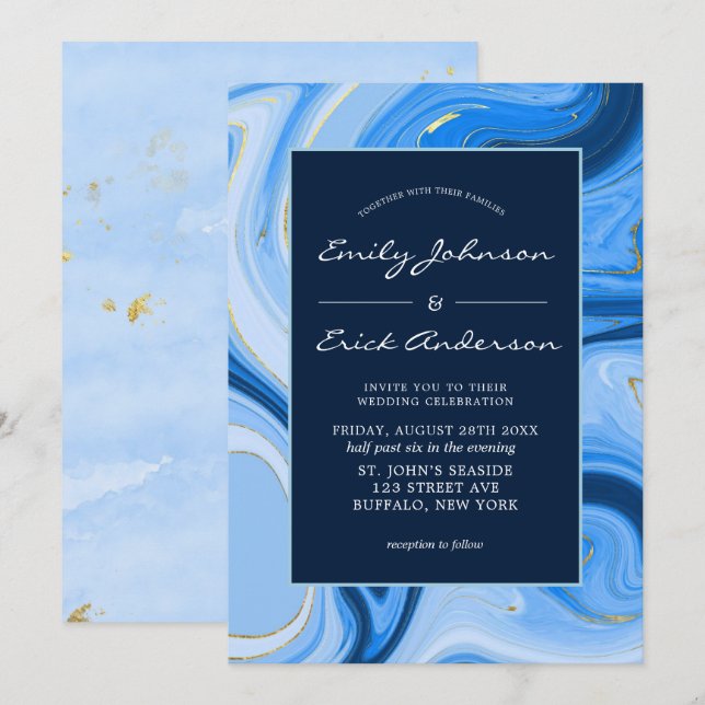 Invitation Dusty Navy Blue Gold Agate Mariage d'aquarelle (Devant / Derrière)