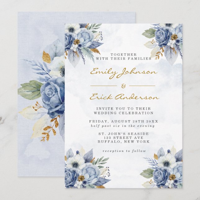 Invitation Dusty Navy Blue Gold Aquarelle Peony Chic Mariage (Devant / Derrière)