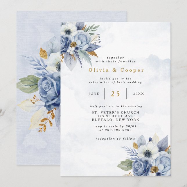 Invitation Dusty Navy Blue Gold Peony Aquarelle Chic Mariage (Devant / Derrière)