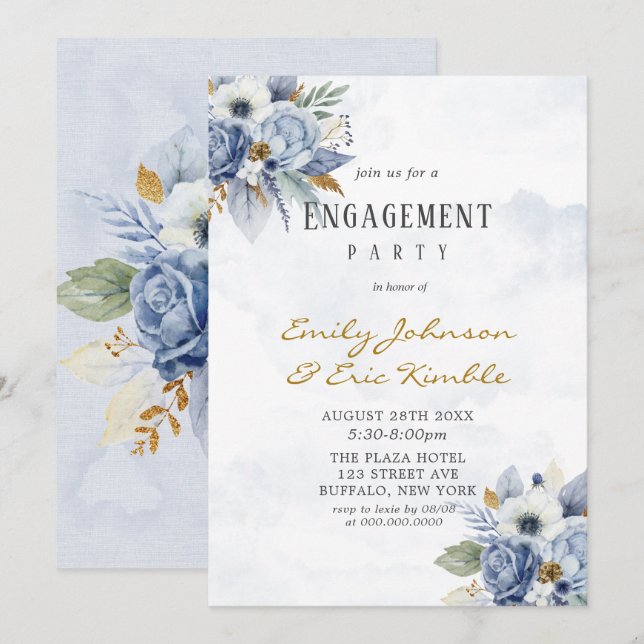 Invitation Dusty Navy Blue Gold Peony Party (Devant / Derrière)