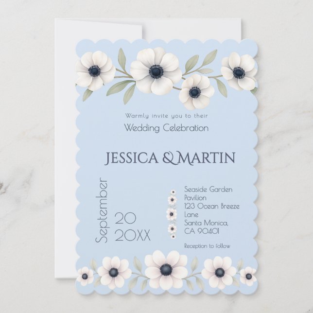 Invitation Dusty Navy Blue Ivory Anemone Mariage intemporel (Devant)