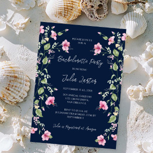Invitation Dusty Navy Blue Rose Hibiscus Bachelorette Party